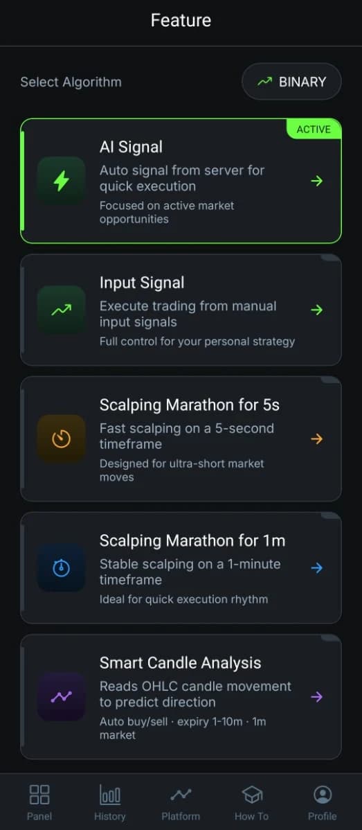OtPro feature list showing AI Signal, Input Signal and both Scalping Marathon algorithms