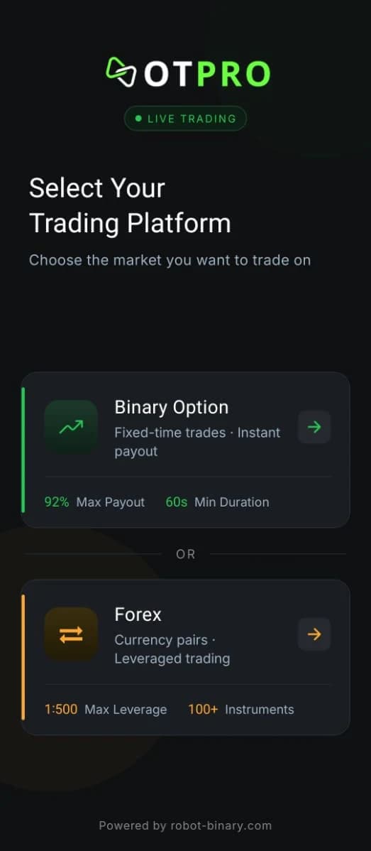 OtPro platform selection screen offering a choice between Binary Option and Forex